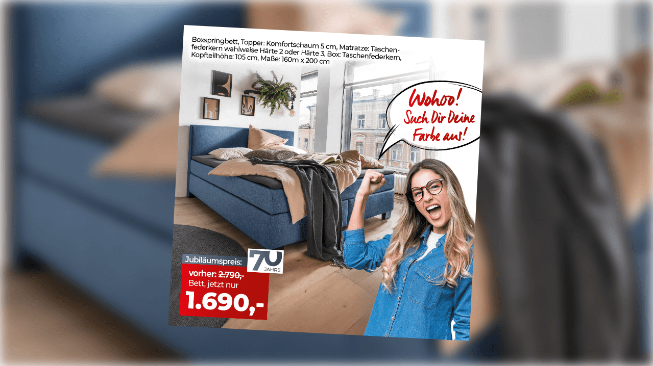 Jubiläumsangebot – Boxspringbett in verschiedenen Farben mit Topper und Matratze in Taschenfederkern für nur 1.690€ (statt 2.790€).