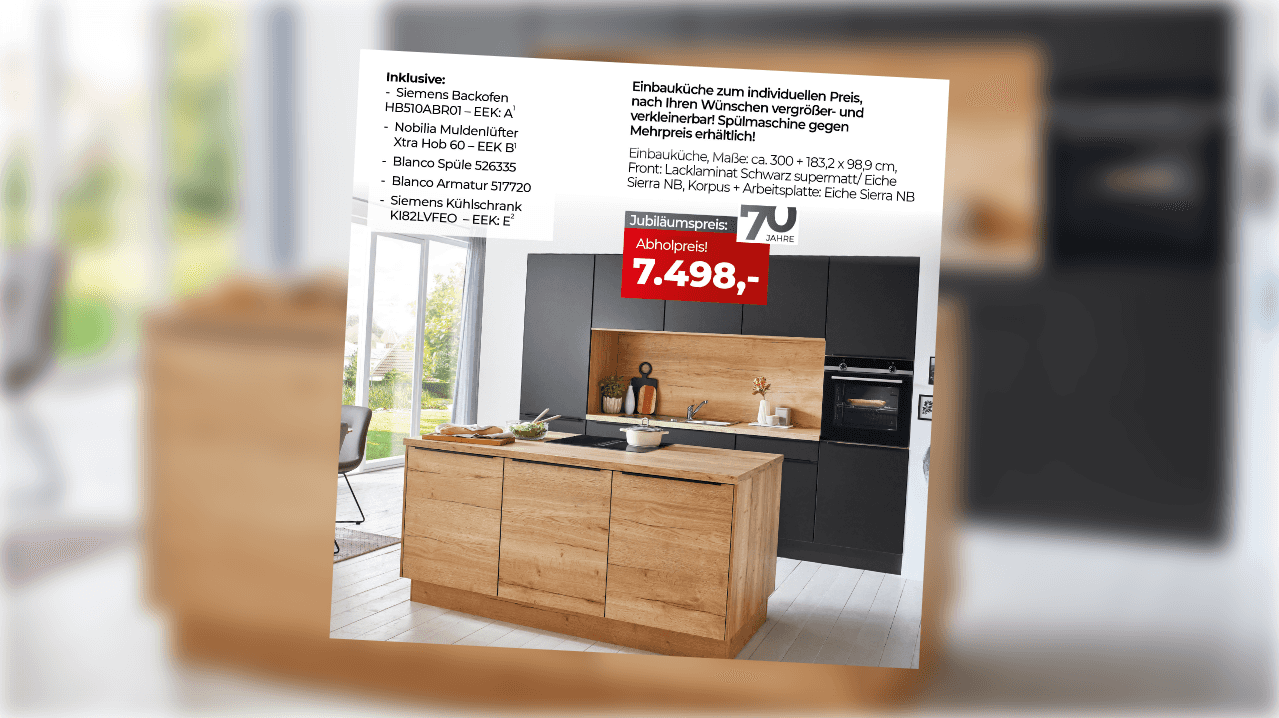 Jubiläumsangebot – Einbauküche mit Siemens Geräten (Backofen, Muldenlüfter, Kühlschrank) und Blanco Spüle, für nur 7.498€.