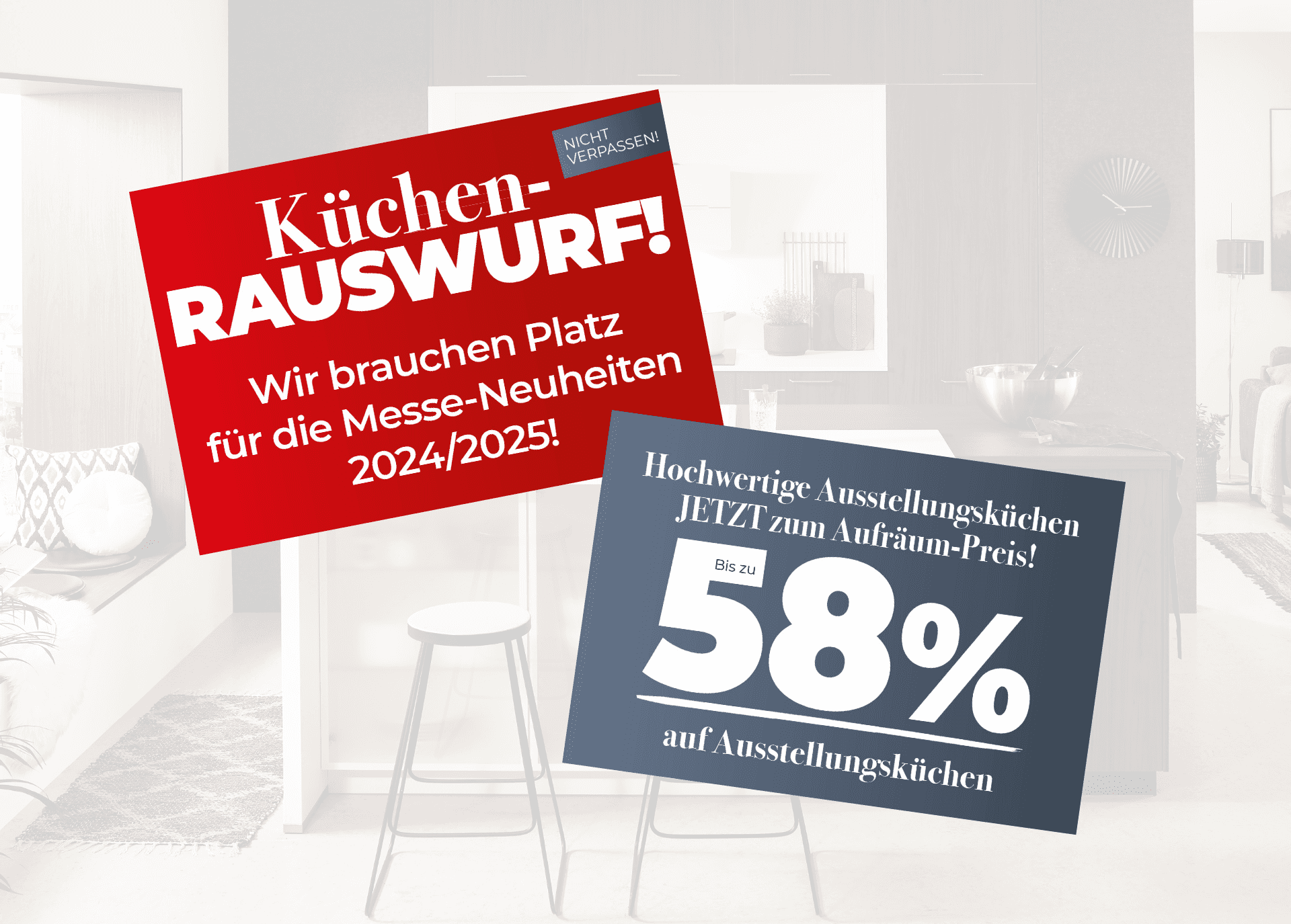 Aktionsbanner Küchen-Rauswurf 2024 - 58 % Rabatt auf Küchen