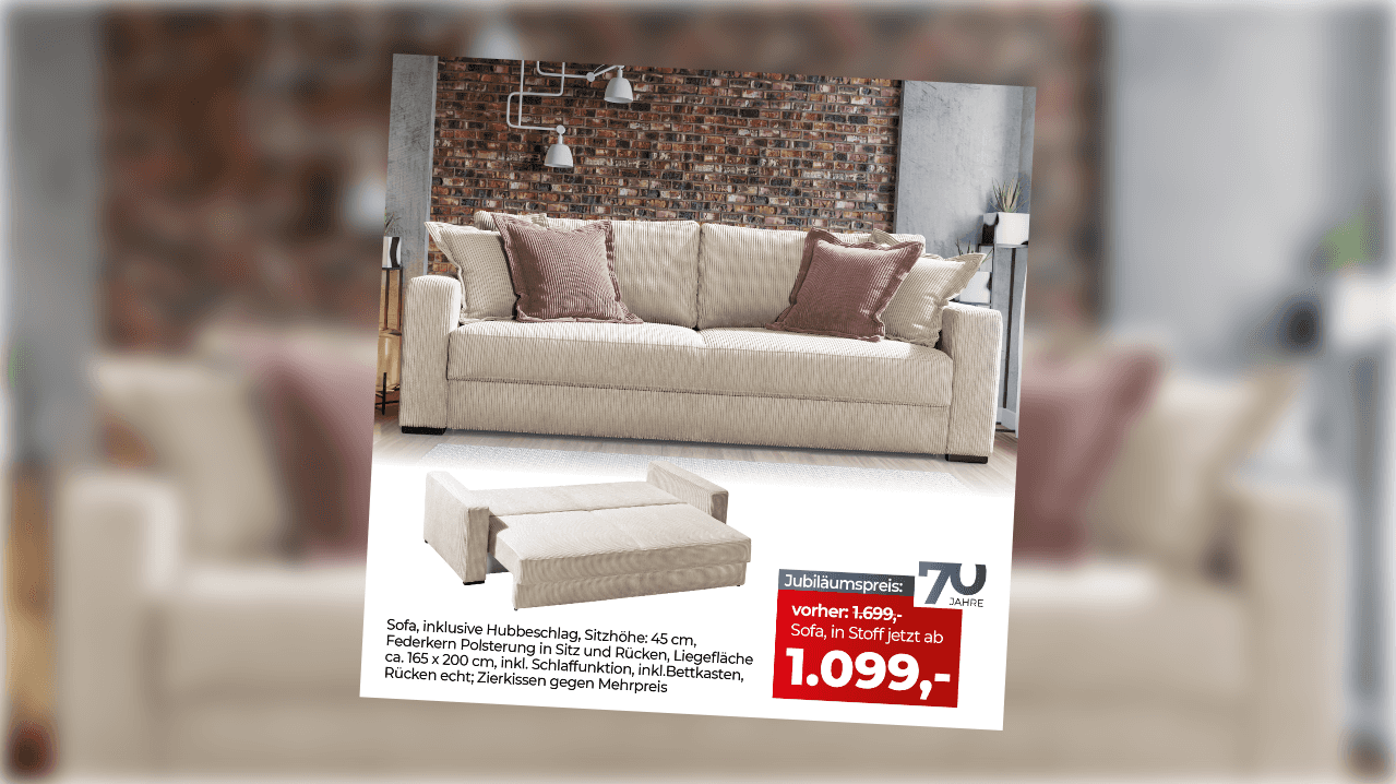 Jubiläumsangebot – Sofa in Stoff ab 1.099€ (statt 1.699€) mit Hubmechanismus, Federkernpolsterung, und Schlaffunktion, inklusive Bettkasten und echtem Rücken.